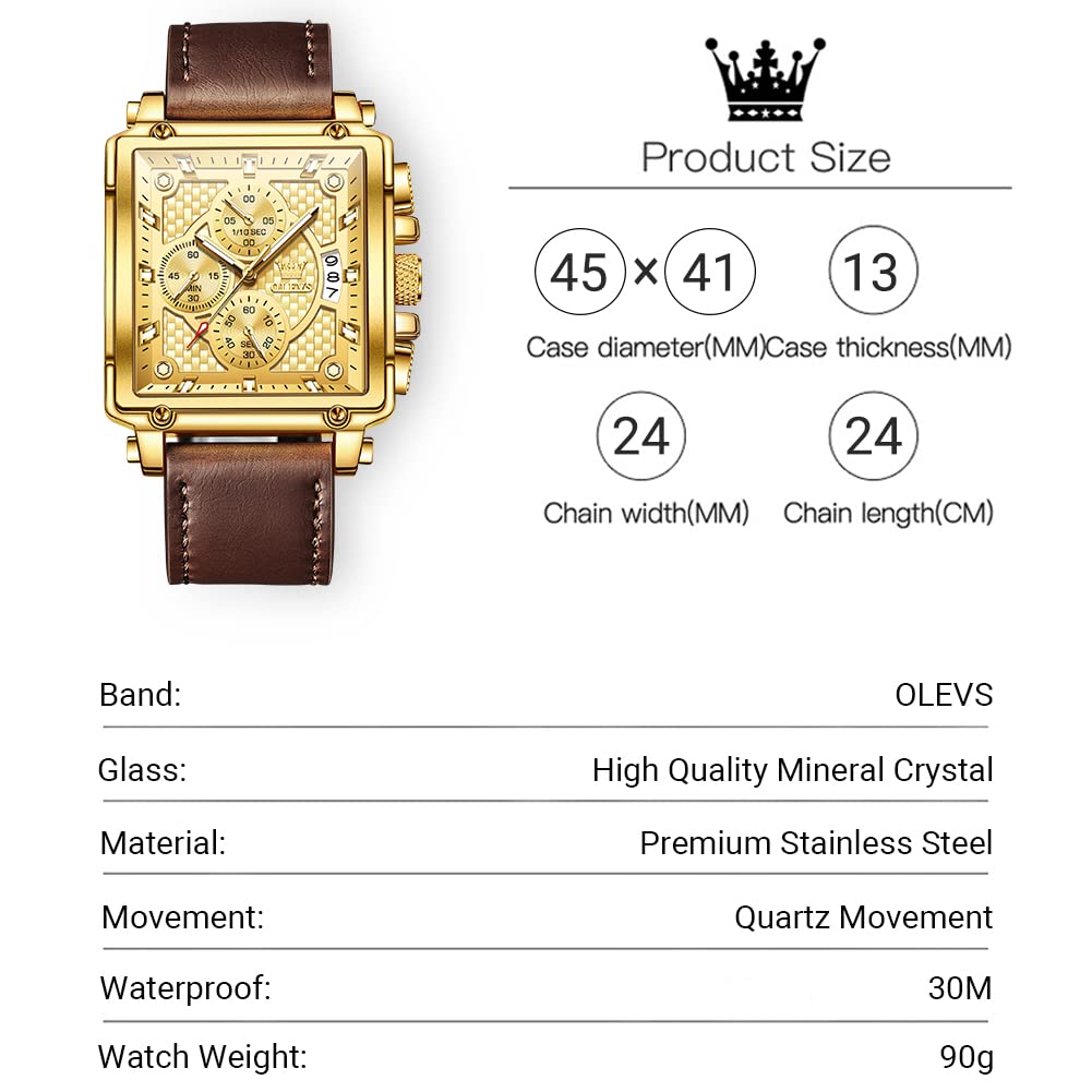 OLEVS Men's Casual Leather Watch, Big Face Chronograph Watch for Men, Fashion Easy to Read Dress Watch, Men's Waterproof Luminous Date Analog Watch, Gold/Black/White/Blue Dial