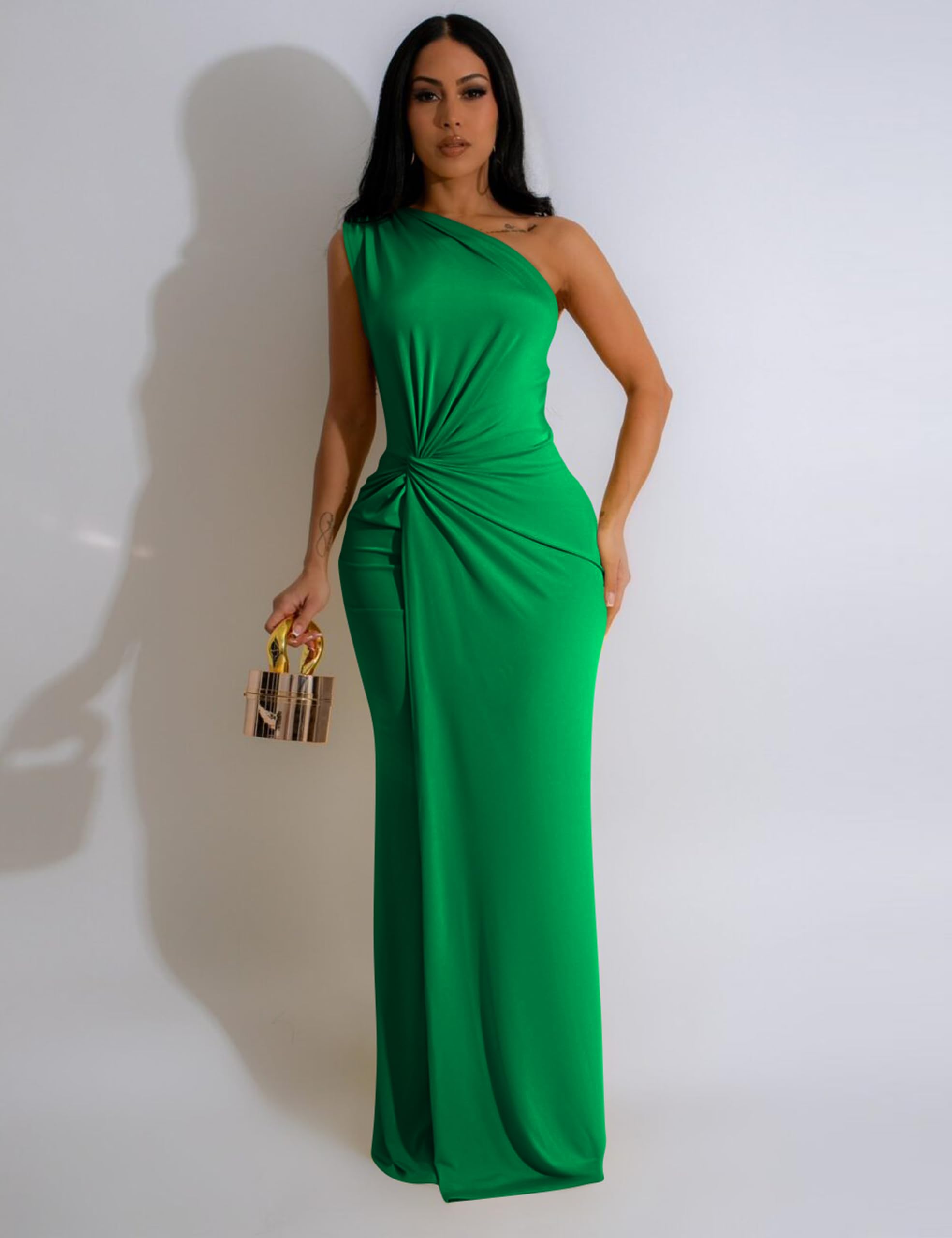 YMDUCH Women's Elegant One Shoulder Sleeveless Twist Waist Bodycon Party Long Dress
