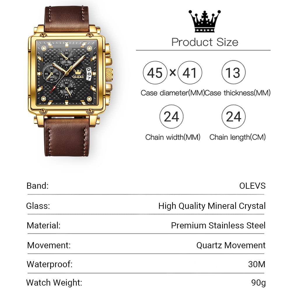 OLEVS Men's Casual Leather Watch, Big Face Chronograph Watch for Men, Fashion Easy to Read Dress Watch, Men's Waterproof Luminous Date Analog Watch, Gold/Black/White/Blue Dial