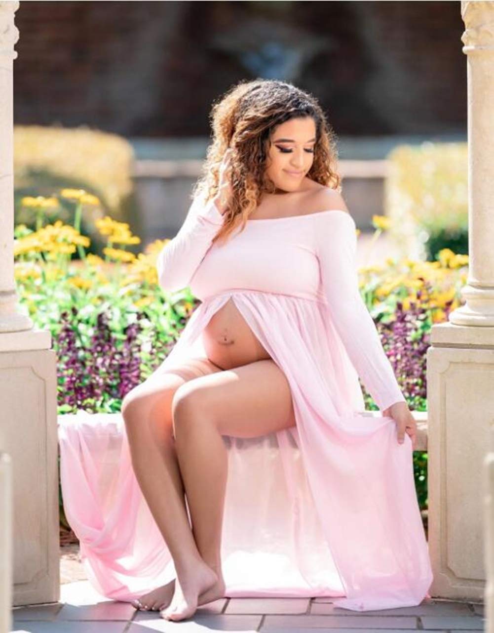 ZIUMUDY Maternity Maxi Chiffon Photography Dress Split Front Gown for Photoshoot