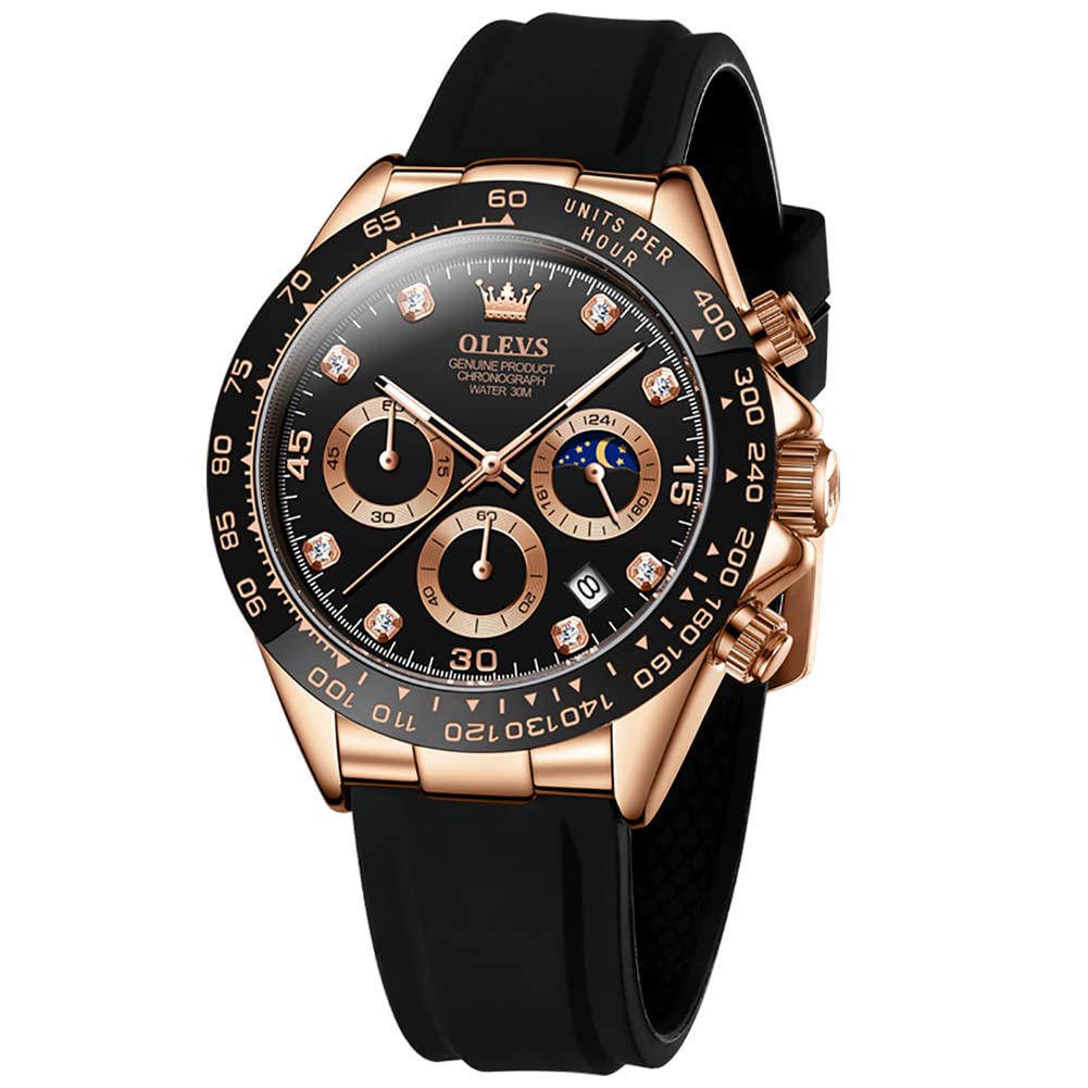 OLEVS Men Analog Quartz Waterproof Watches Multifunction Chronograph Diamond Moon Phase Luminous Silicone Band Wrist Watches