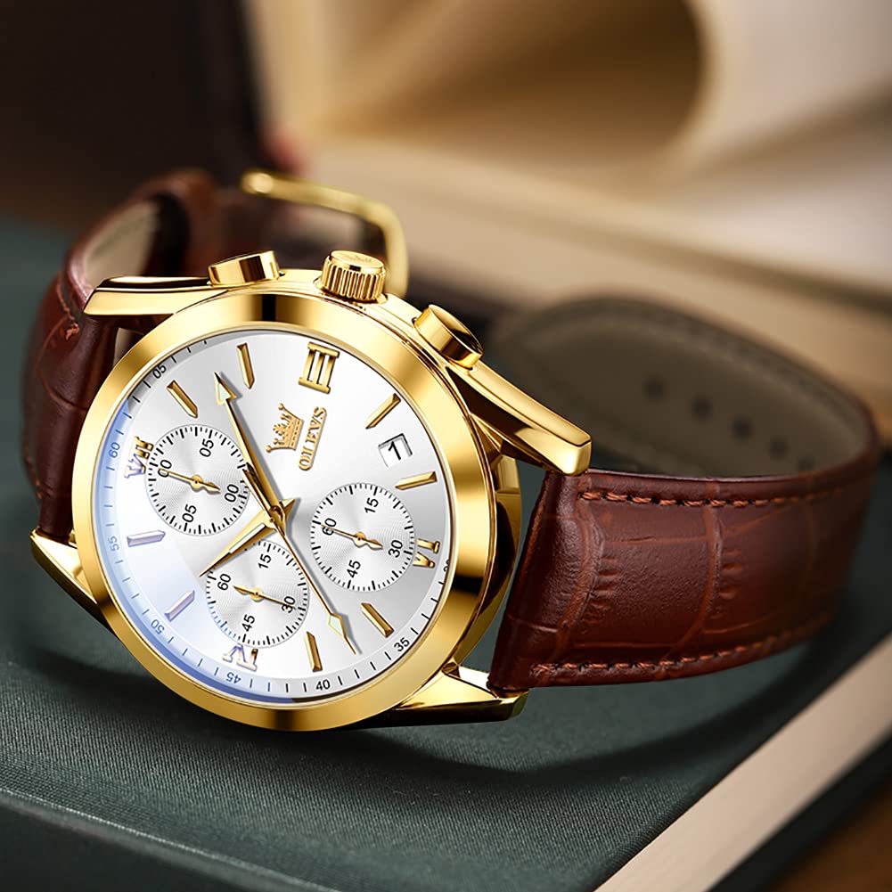 OLEVS Men's Casual Leather Watch, Big Face Chronograph Watch for Men, Fashion Easy to Read Dress Watch, Men's Waterproof Luminous Date Analog Watch, Gold/Black/White/Blue Dial