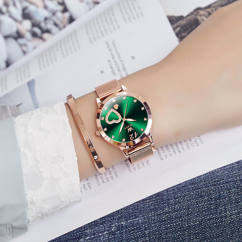 OLEVS Rose Gold Watch for Women Mesh Strap Fashion Dress Hearts Japanese Quartz Waterproof Luminous Ladies Watches Bracelet Sets