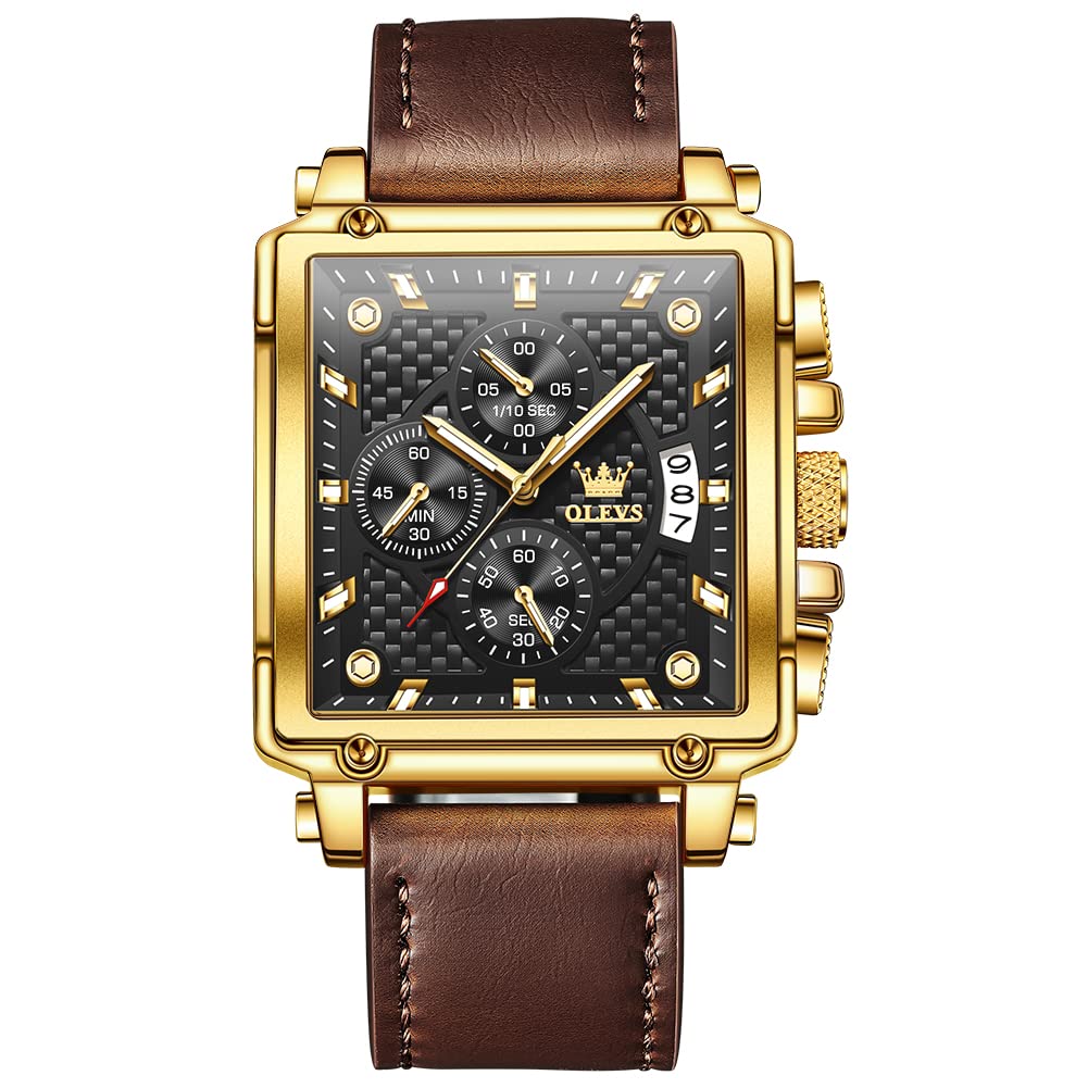 OLEVS Men's Casual Leather Watch, Big Face Chronograph Watch for Men, Fashion Easy to Read Dress Watch, Men's Waterproof Luminous Date Analog Watch, Gold/Black/White/Blue Dial
