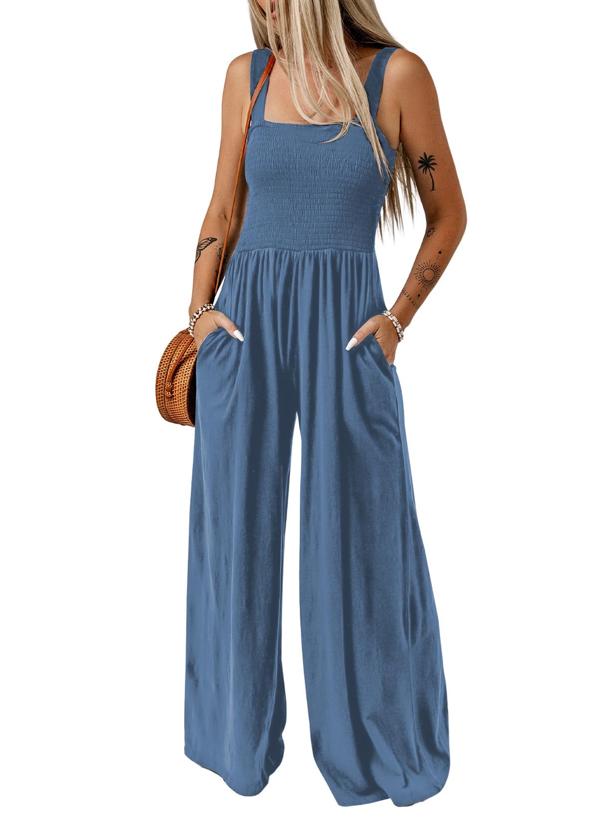 Dokotoo Women's Casual Loose Overalls Jumpsuits One Piece Sleeveless Wide Leg Long Pant Rompers With Pockets