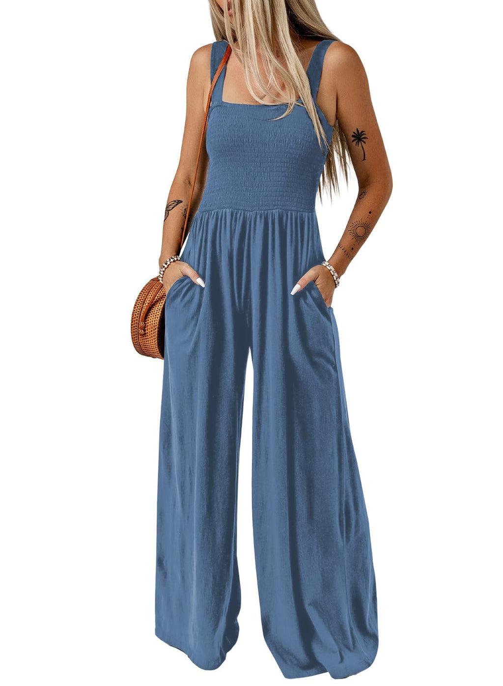 Dokotoo Women's Casual Loose Overalls Jumpsuits One Piece Sleeveless Wide Leg Long Pant Rompers With Pockets