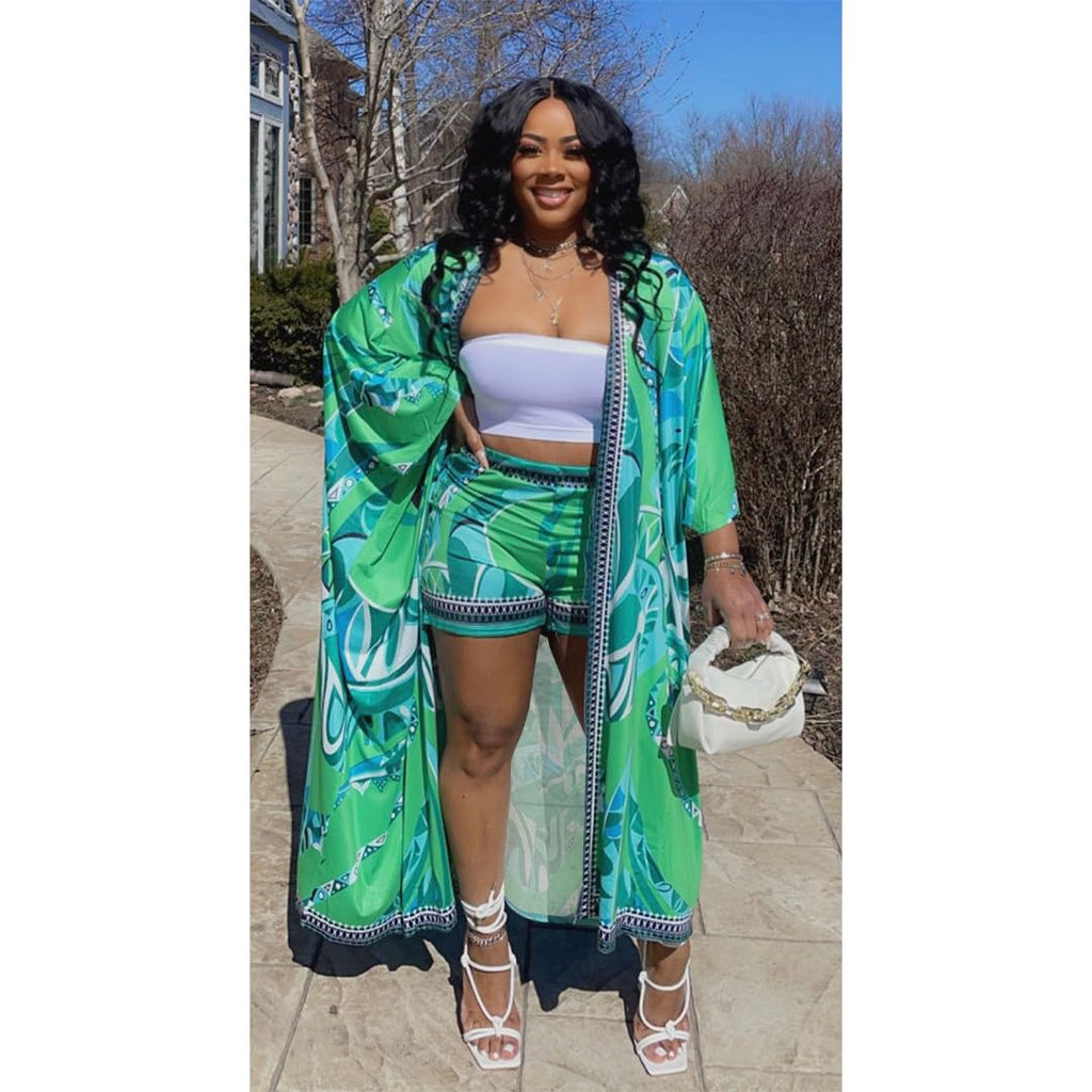 QegarTop Kimono Shorts Set for Women Two Piece Summer Vacation Outfits Flowy Beach Cover up Duster