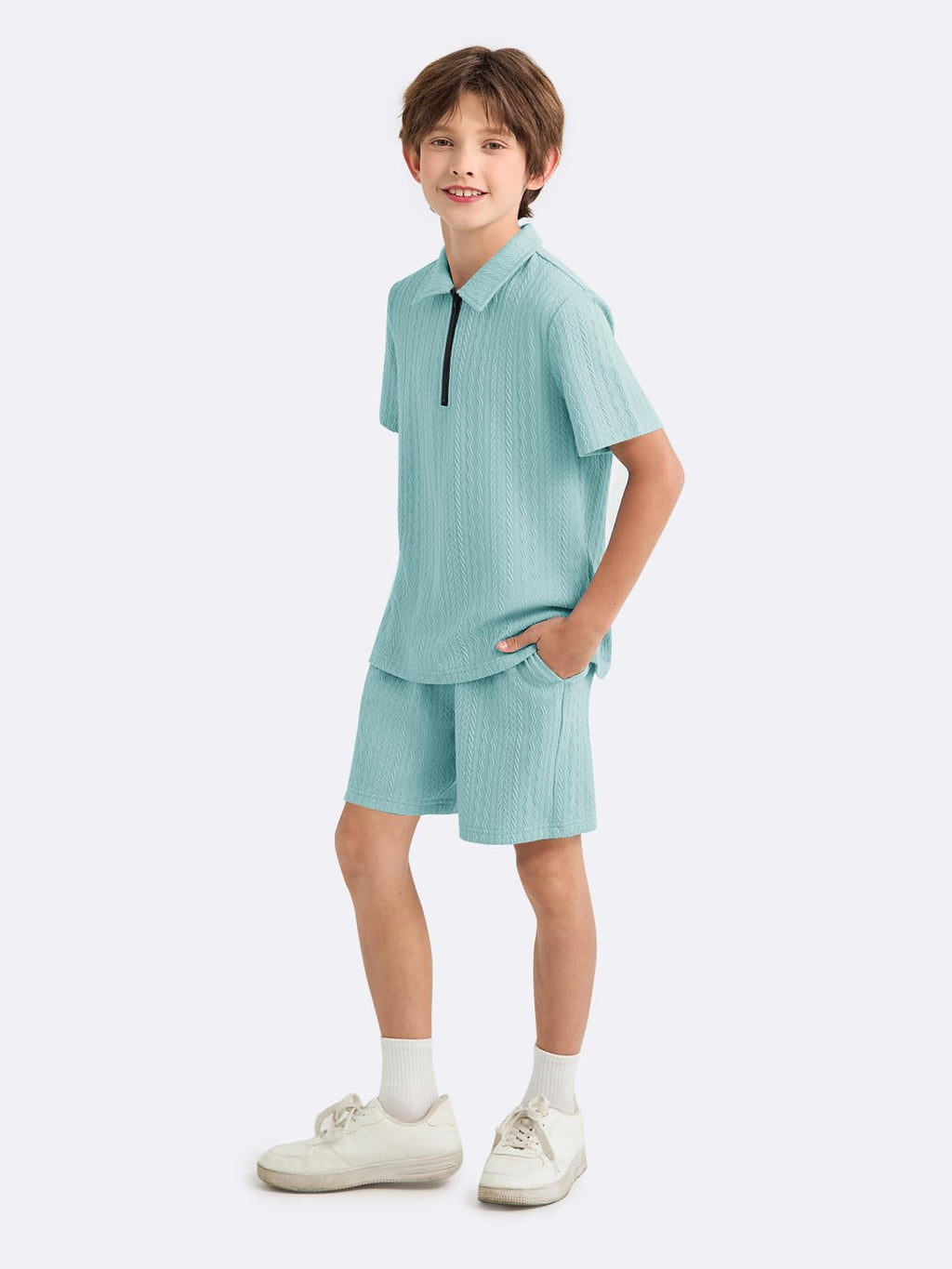 Haloumoning Boys 2 Piece Summer Outfits Kids Quarter Zip Polo Shirt and Shorts Set Athletic Tracksuit 5-14 Years