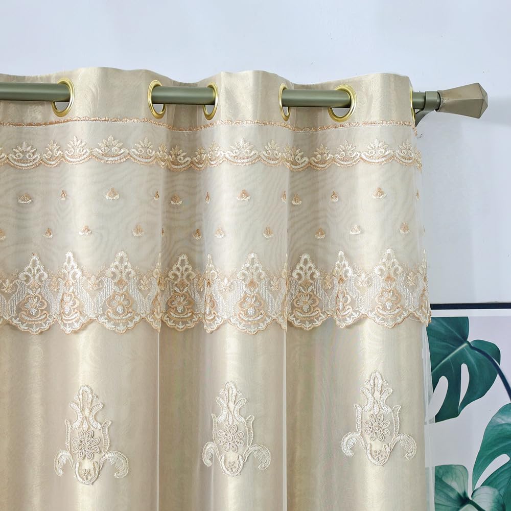 Amidoudou 1 Pair European Double Layer Curtains with Valances for Living Room Bedroom Luxury 3D Flower Embroidered Curtains (Yellow,52x96 Inch)