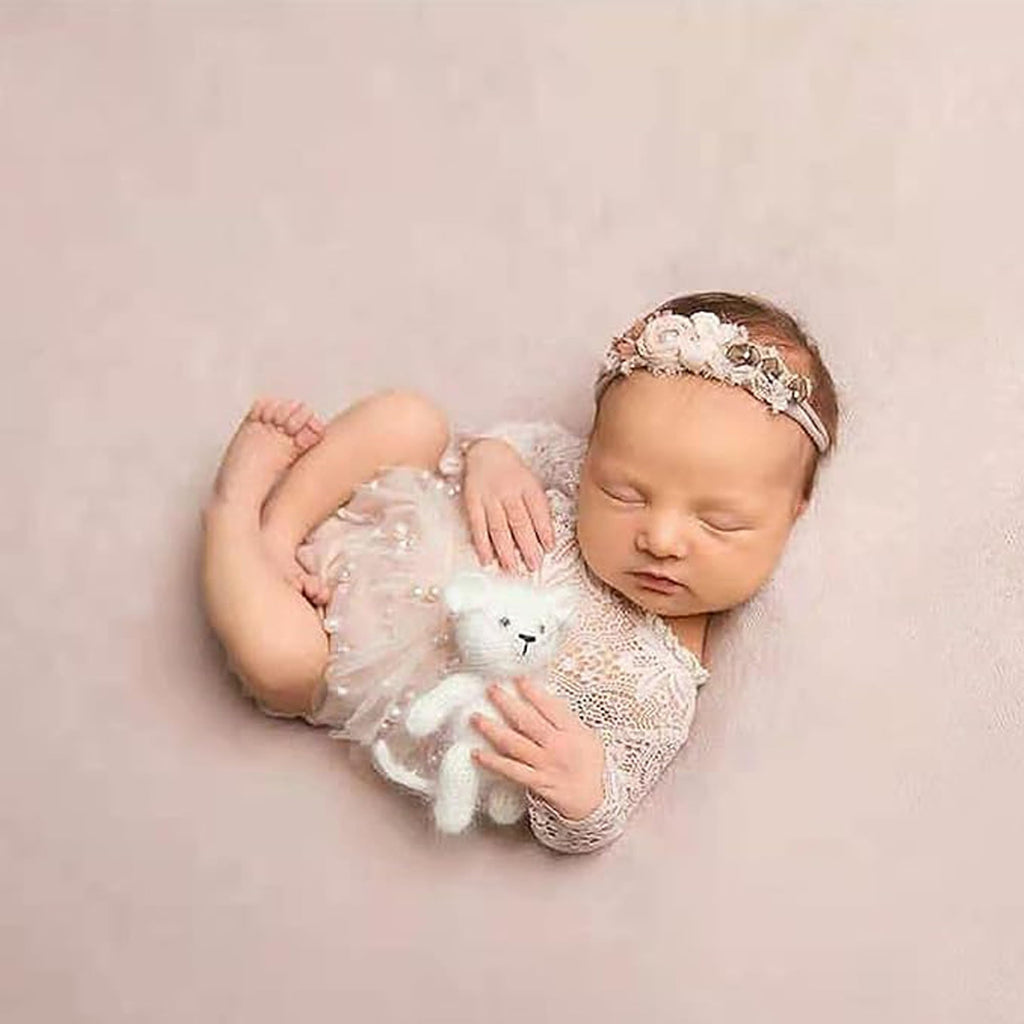 Newborn Lace Romper, 2 PCS Baby Girl Photography Props, Newborn Girl Photography Outfits with Flower Headband for Infants