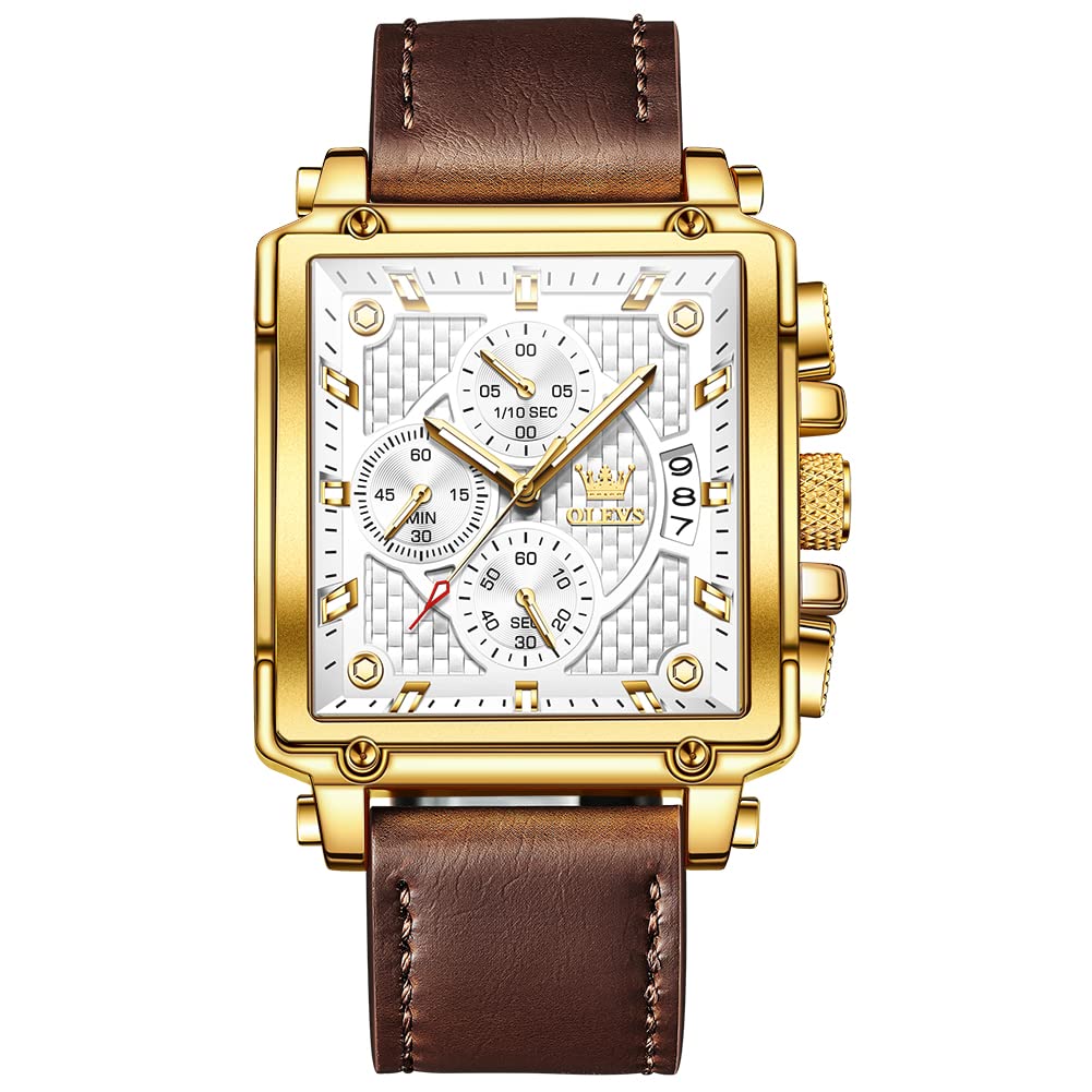 OLEVS Men's Casual Leather Watch, Big Face Chronograph Watch for Men, Fashion Easy to Read Dress Watch, Men's Waterproof Luminous Date Analog Watch, Gold/Black/White/Blue Dial
