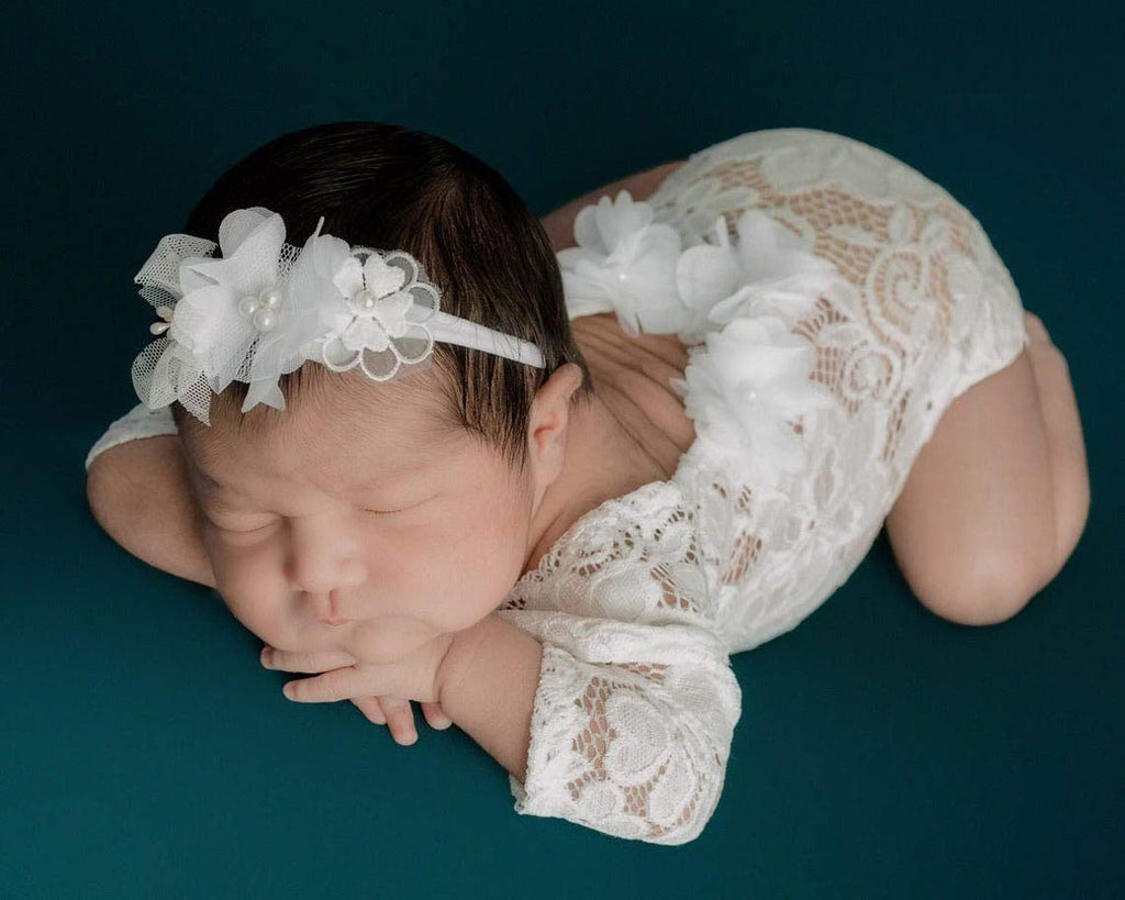 Newborn Lace Romper, 2 PCS Baby Girl Photography Props, Newborn Girl Photography Outfits with Flower Headband for Infants