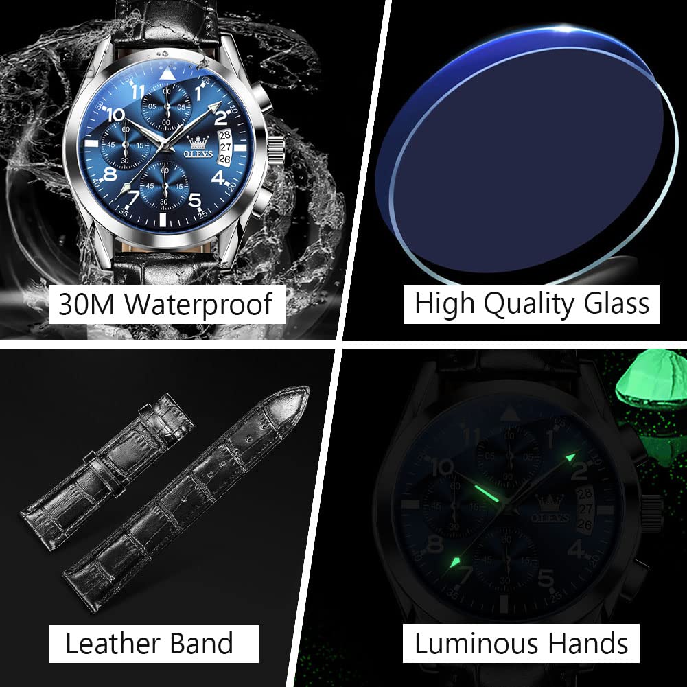OLEVS Men's Casual Leather Watch, Big Face Chronograph Watch for Men, Fashion Easy to Read Dress Watch, Men's Waterproof Luminous Date Analog Watch, Gold/Black/White/Blue Dial