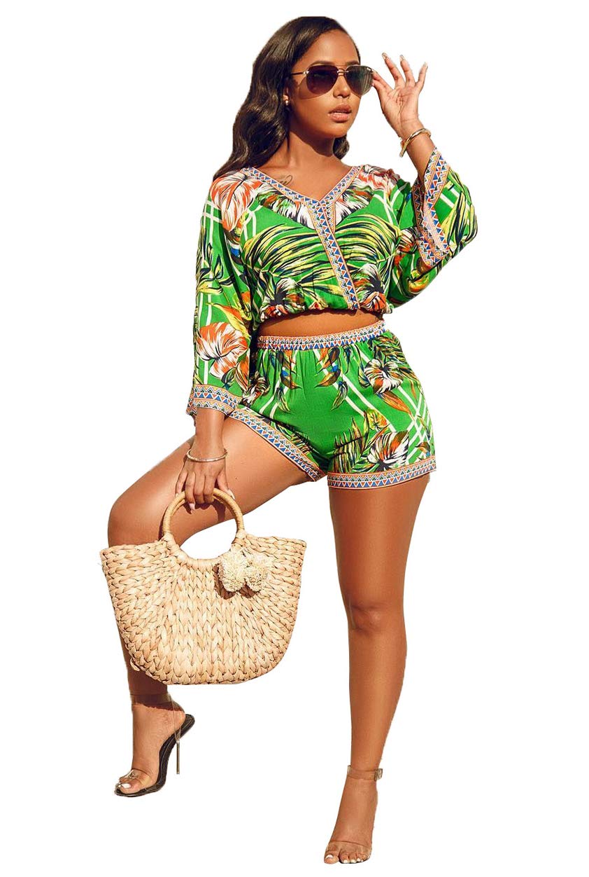 Sexy Two Piece Shorts Set - African Floral Jumpsuits Rompers Vacation Club Outfit