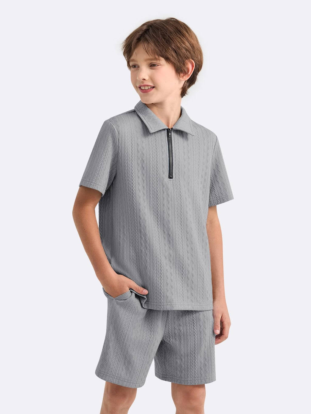 Haloumoning Boys 2 Piece Summer Outfits Kids Quarter Zip Polo Shirt and Shorts Set Athletic Tracksuit 5-14 Years