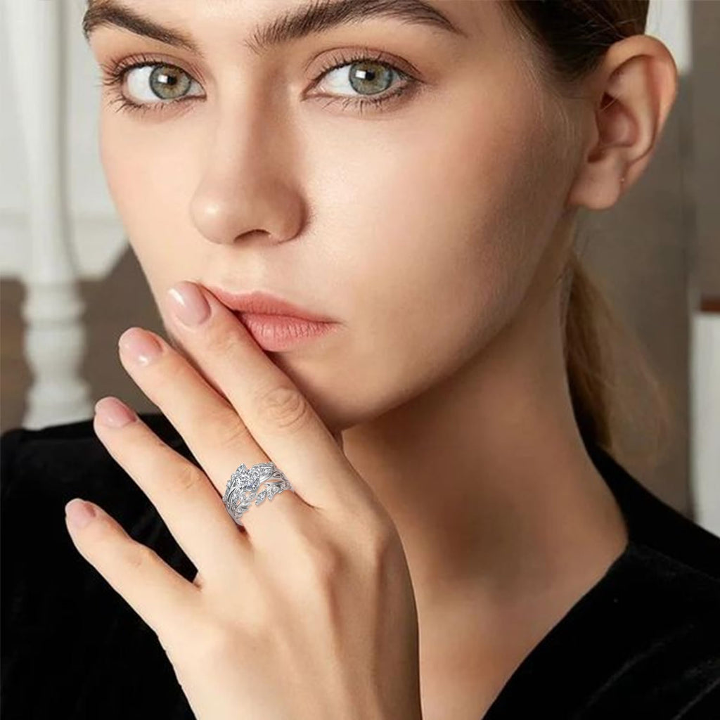 2.0 Carat(ctw) Heart-Cut Moissanite Engagement Rings Sets for Women,925 Sterling Silver Leaves Wedding Rings Sets,Bridal Ring Set for Anniversary Birthday