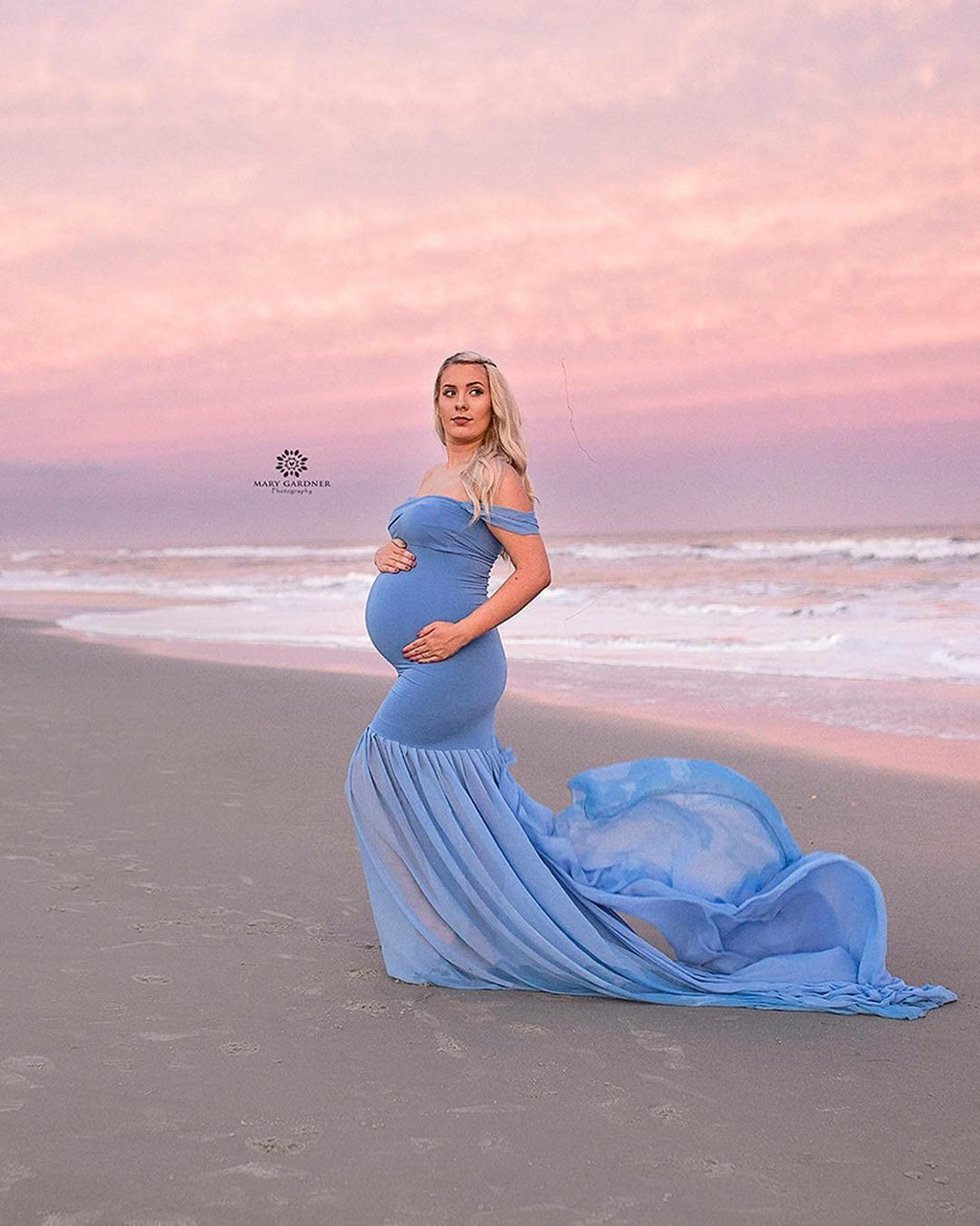 ZIUMUDY Maternity Chiffon Mermaid Gown Off Shoulder Dropped Sleeve Fitted Photo Shoot Photography Dress