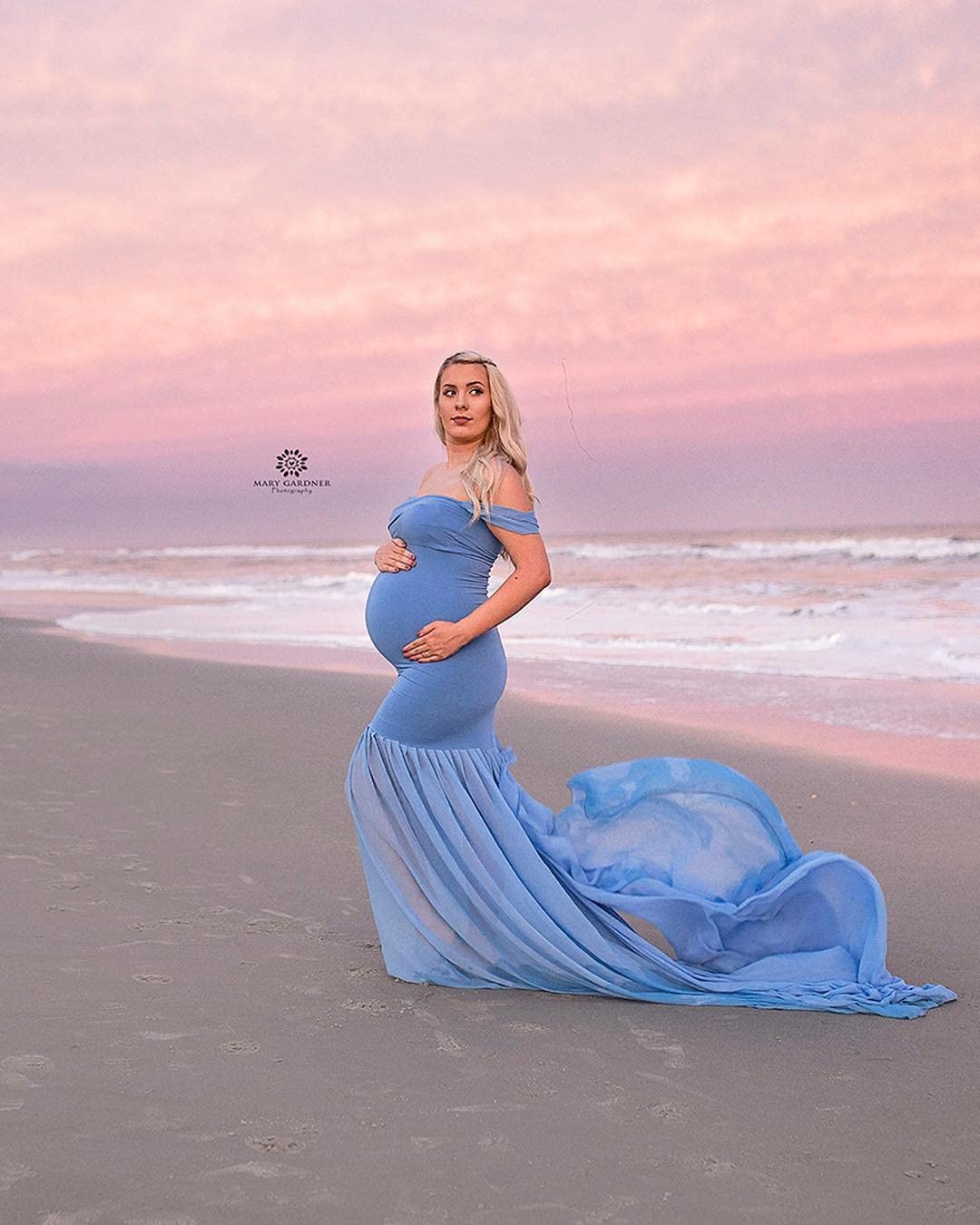 ZIUMUDY Maternity Chiffon Mermaid Gown Off Shoulder Dropped Sleeve Fitted Photo Shoot Photography Dress