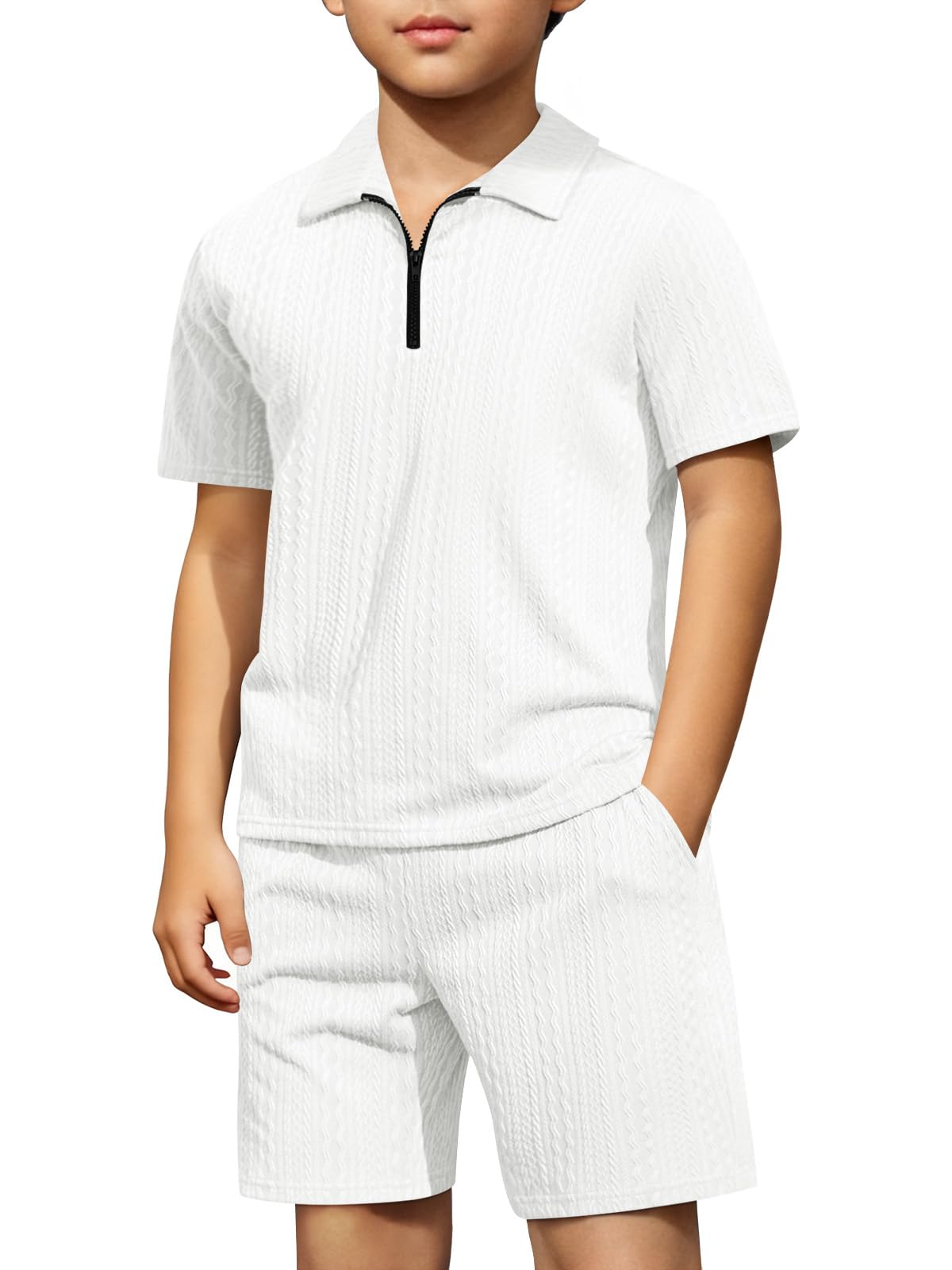 Haloumoning Boys 2 Piece Summer Outfits Kids Quarter Zip Polo Shirt and Shorts Set Athletic Tracksuit 5-14 Years