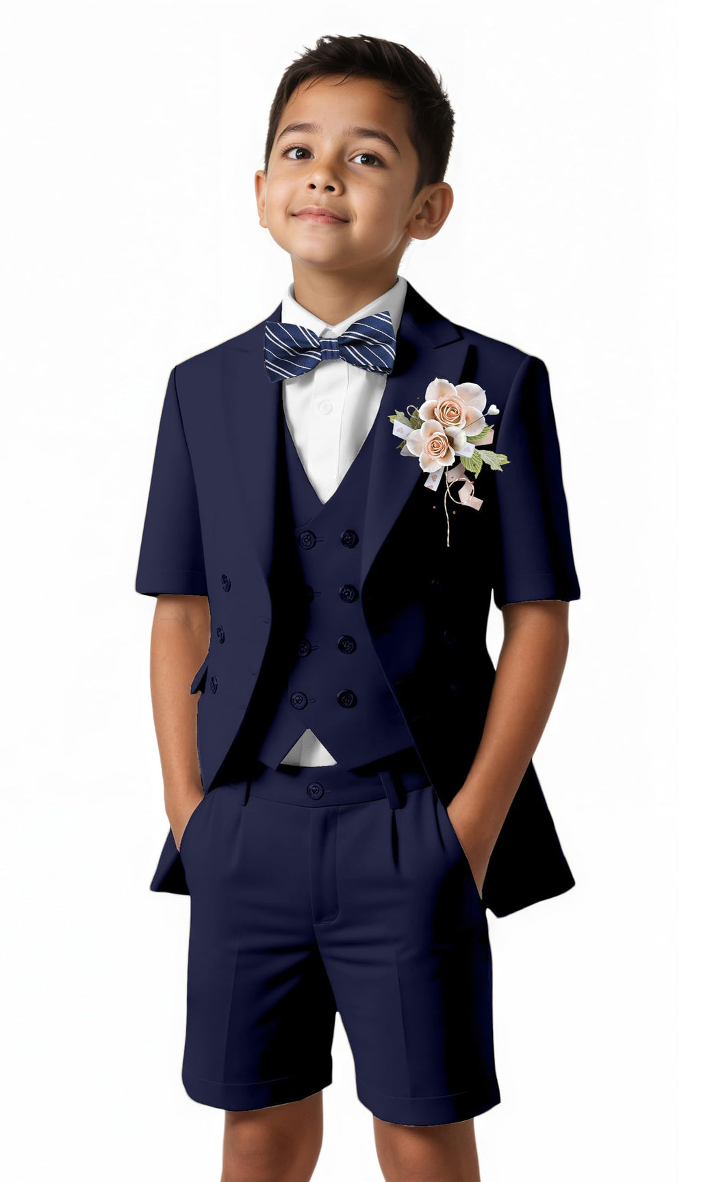Short Suits for Boys Kid 6 Pieces Summer Tuxedo Formal Suit Beach Wedding Outfit for Teens Jacket Vest Shorts Pants Set