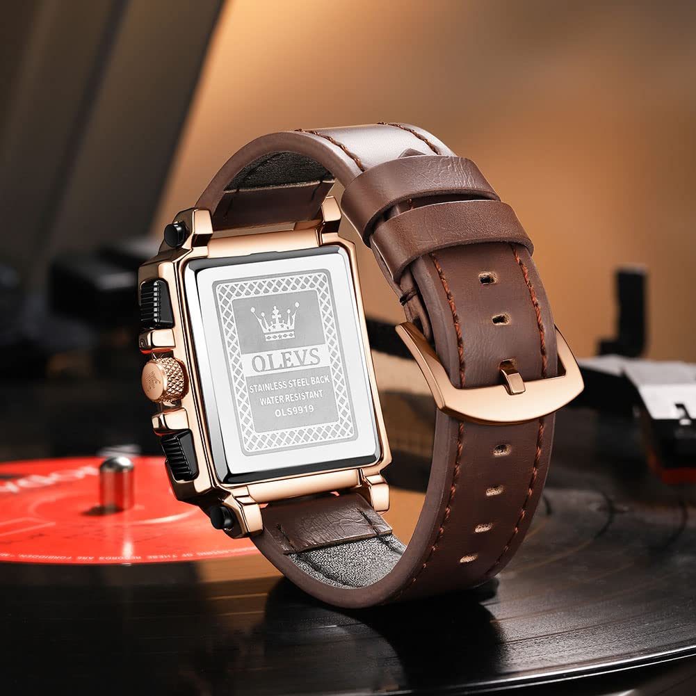 OLEVS Men's Casual Leather Watch, Big Face Chronograph Watch for Men, Fashion Easy to Read Dress Watch, Men's Waterproof Luminous Date Analog Watch, Gold/Black/White/Blue Dial