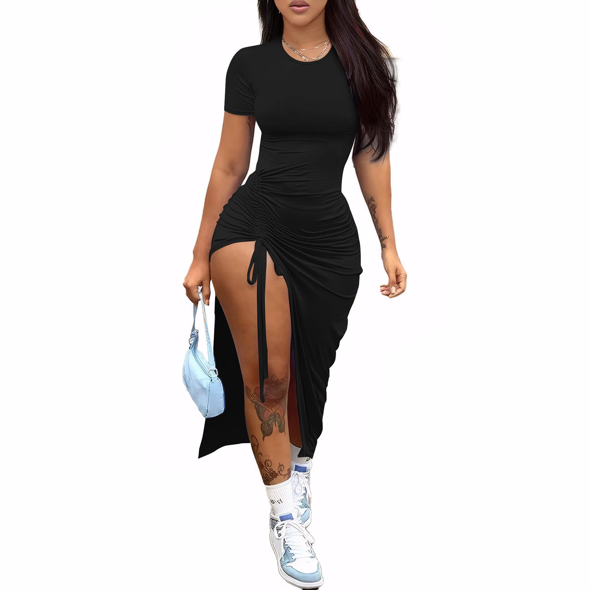 Nimsruc Women Sexy Summer Dresses Short Sleeve Thigh-high Slit Ruched Bodycon Maxi Club Cocktail Party Dress