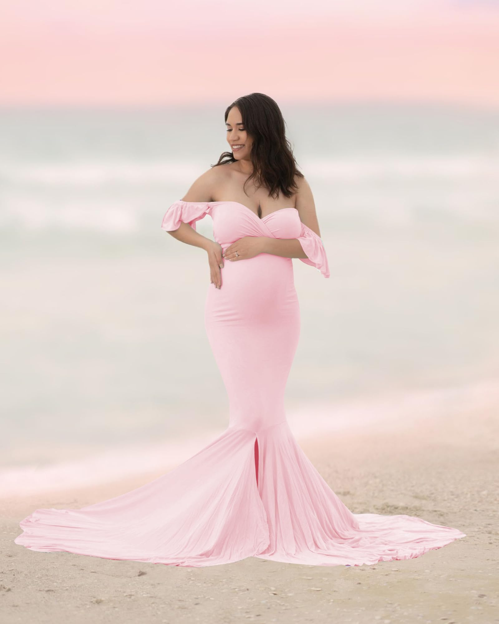Saslax Off Shoulder Ruffle Sleeves Elegant Fitted Maxi Maternity Dress for Photoshoot Baby Shower