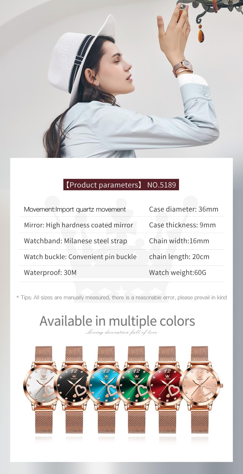 OLEVS Rose Gold Watch for Women Mesh Strap Fashion Dress Hearts Japanese Quartz Waterproof Luminous Ladies Watches Bracelet Sets