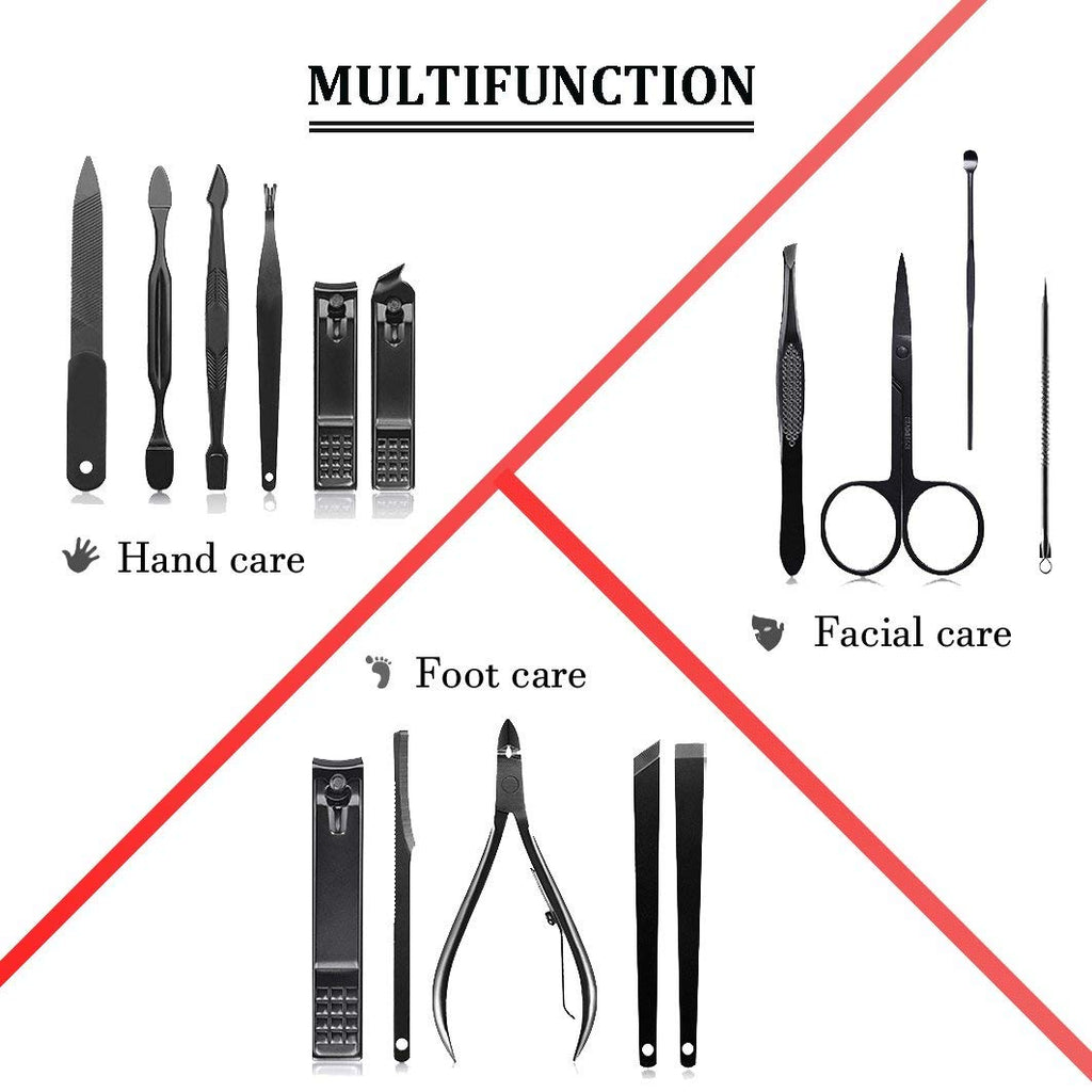 Professional Stainless Steel Nail Clipper Travel & Grooming Kit Nail Tools Manicure & Pedicure Set of 15pcs with Luxurious Case (Black/Yellow)