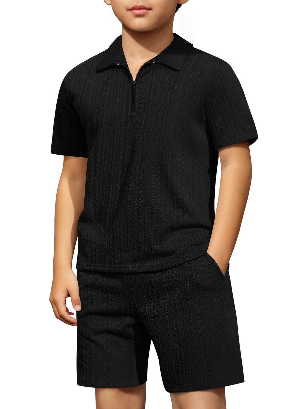 Haloumoning Boys 2 Piece Summer Outfits Kids Quarter Zip Polo Shirt and Shorts Set Athletic Tracksuit 5-14 Years