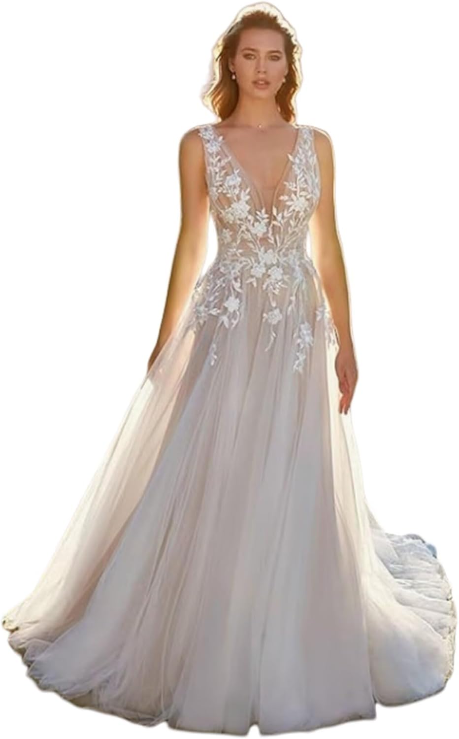 Lace Wedding Dresses for Bride Mermaid V Neck Boho Beach Bridal Gowns with Train BOF30
