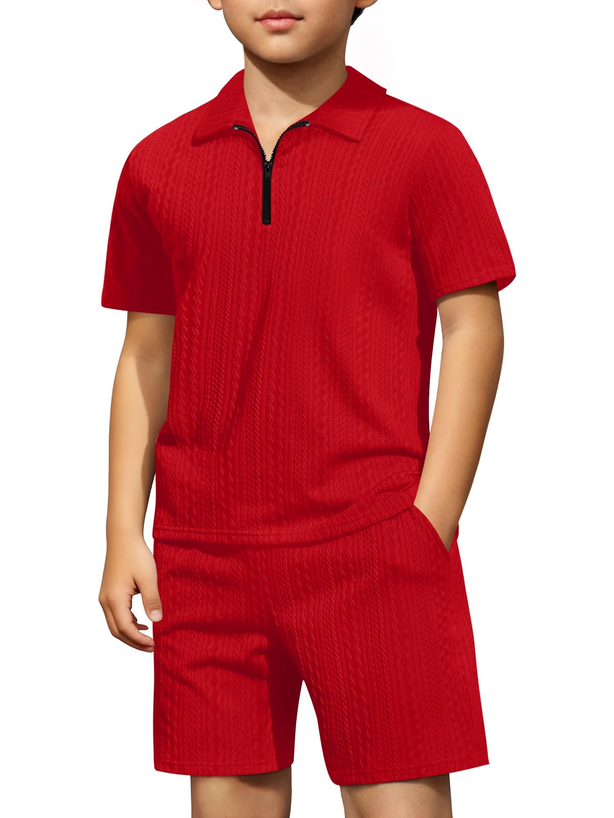 Haloumoning Boys 2 Piece Summer Outfits Kids Quarter Zip Polo Shirt and Shorts Set Athletic Tracksuit 5-14 Years