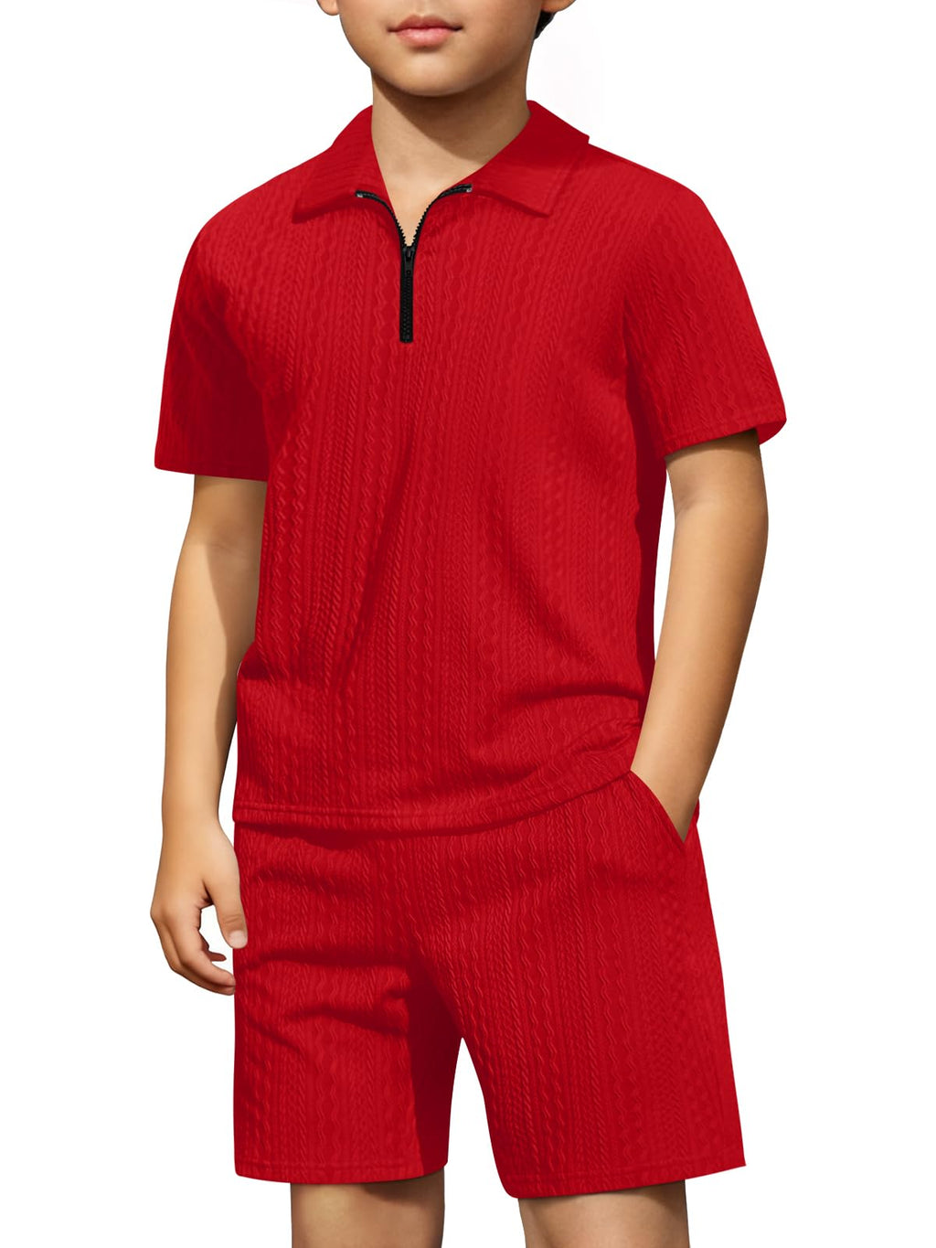 Haloumoning Boys 2 Piece Summer Outfits Kids Quarter Zip Polo Shirt and Shorts Set Athletic Tracksuit 5-14 Years