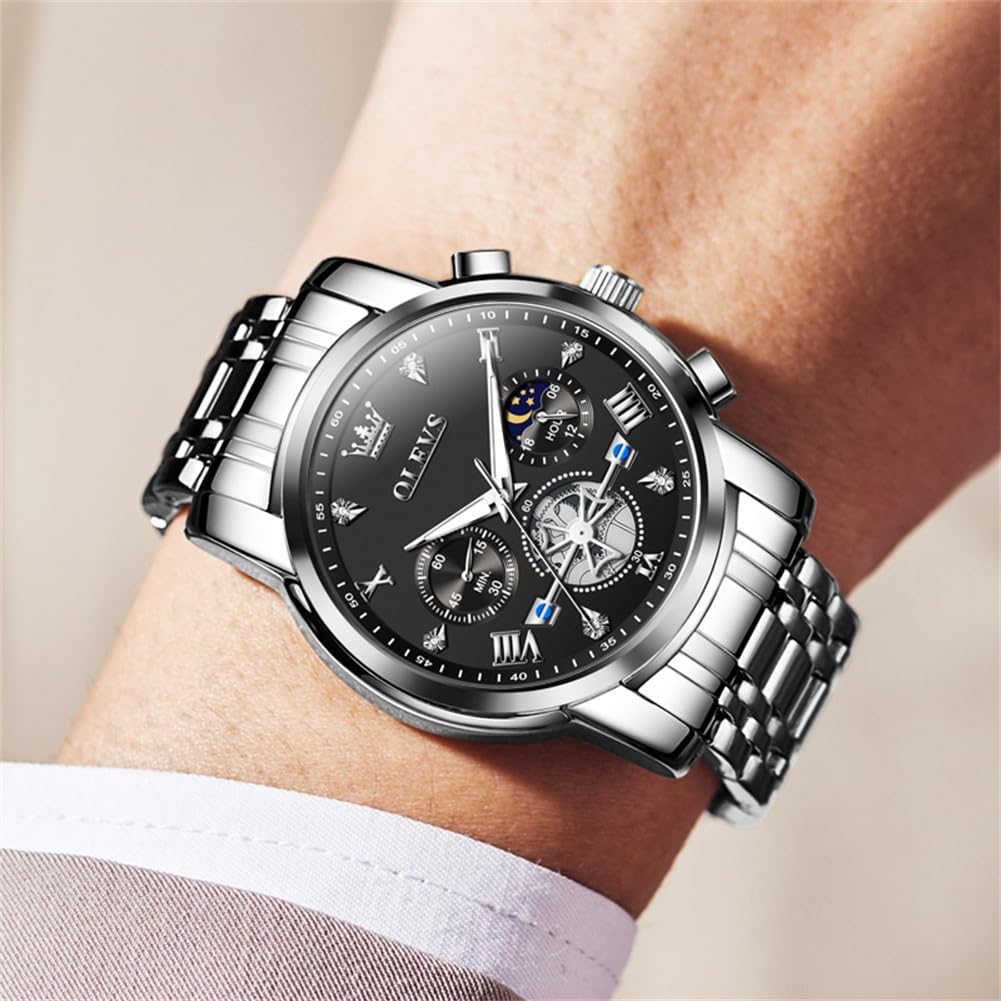 OLEVS Watches Men Waterproof Luxury Big Face Mens Watch Stainless Steel Quartz Analog Dress Watches for Men Luminous Multifunction Man Watch Relojes De Hombre