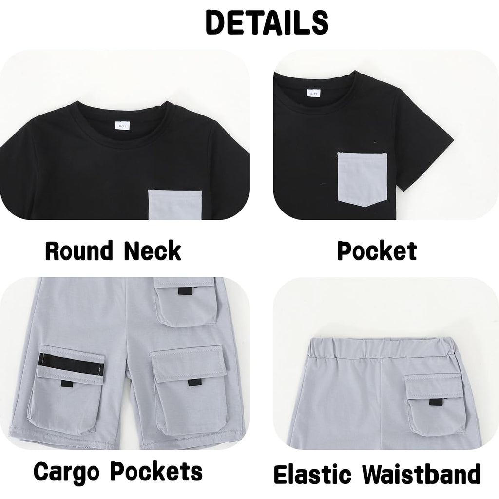 Azmxynol Tween Boys Clothes Daily Casual Short Sleeve Top + Cargo Shorts 2 Pieces Outfit Set, Size 6-14 Years
