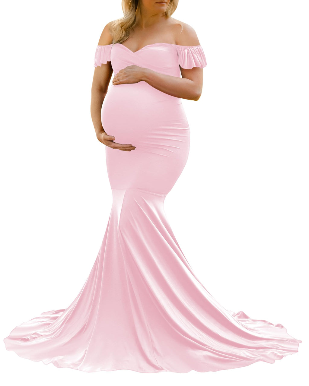 Saslax Off Shoulder Ruffle Sleeves Elegant Fitted Maxi Maternity Dress for Photoshoot Baby Shower