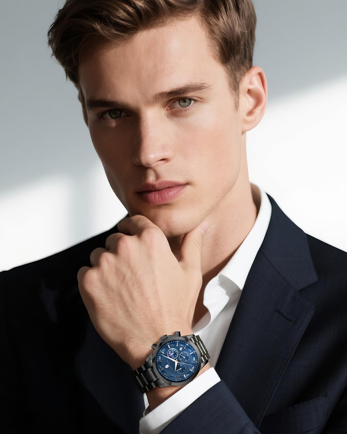 SAPPHERO Chronograph Watches for Men, Original Business Casual Stainless Steel Analog Watch 50M Waterproof Luminous Watches with Date Dial, Mens Gift