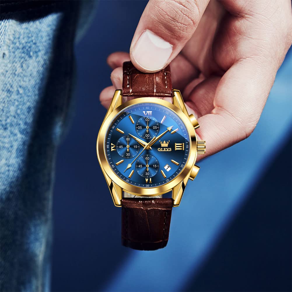 OLEVS Men's Casual Leather Watch, Big Face Chronograph Watch for Men, Fashion Easy to Read Dress Watch, Men's Waterproof Luminous Date Analog Watch, Gold/Black/White/Blue Dial