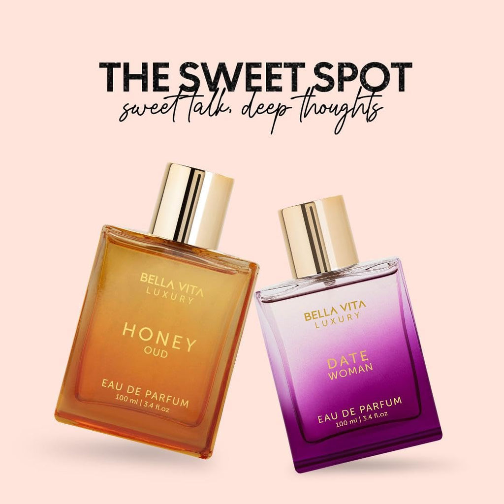 The Sweet Spot by BellaVita Luxury | 2x100ml Perfumes | Honey Oud & Date Woman | Perfume for Men & Women | Long Lasting Fragrance | EDP