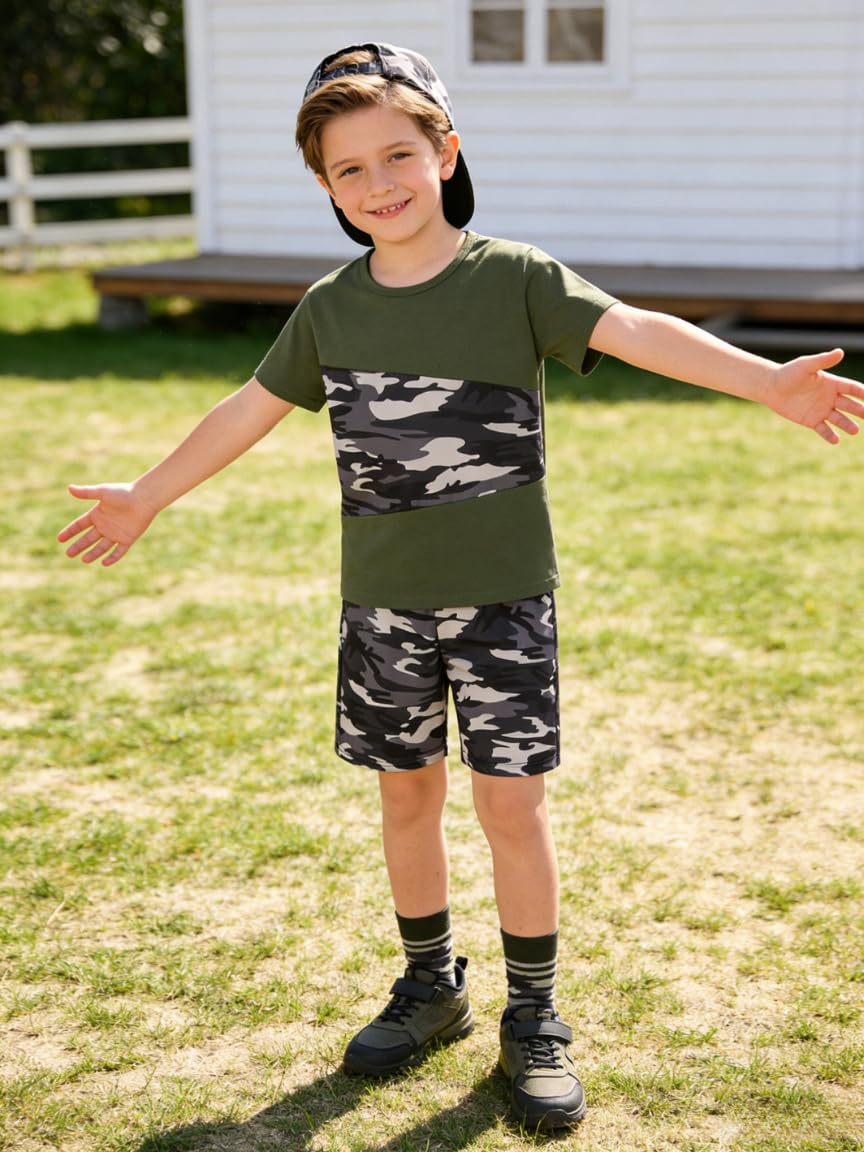 Azmxynol Tween Boys Clothes Daily Casual Short Sleeve Top + Cargo Shorts 2 Pieces Outfit Set, Size 6-14 Years