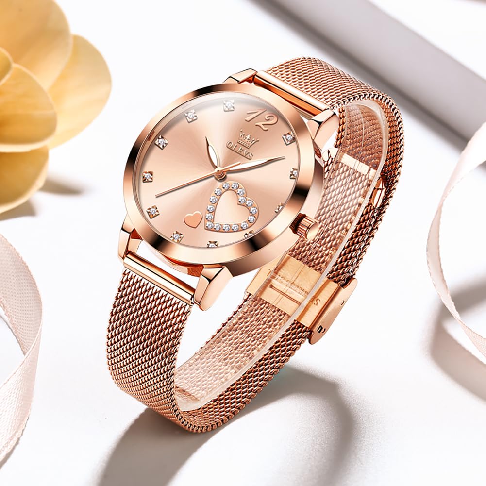 OLEVS Rose Gold Watch for Women Mesh Strap Fashion Dress Hearts Japanese Quartz Waterproof Luminous Ladies Watches Bracelet Sets