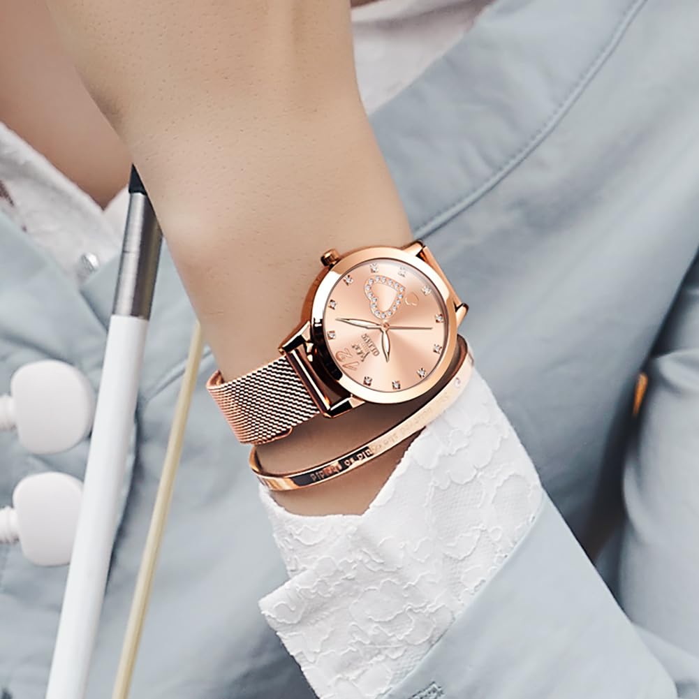 OLEVS Rose Gold Watch for Women Mesh Strap Fashion Dress Hearts Japanese Quartz Waterproof Luminous Ladies Watches Bracelet Sets