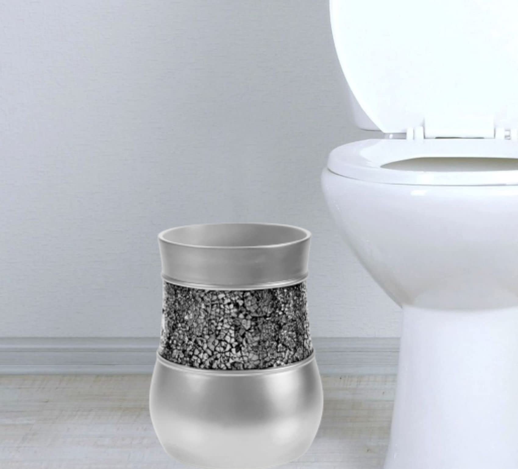 Creative Scents Crackled Glass Silver Bathroom Accessory Set – 4-Piece Vanity Set Includes: Lotion Soap Dispenser, Toothbrush Holder, Tumbler, and Soap Dish