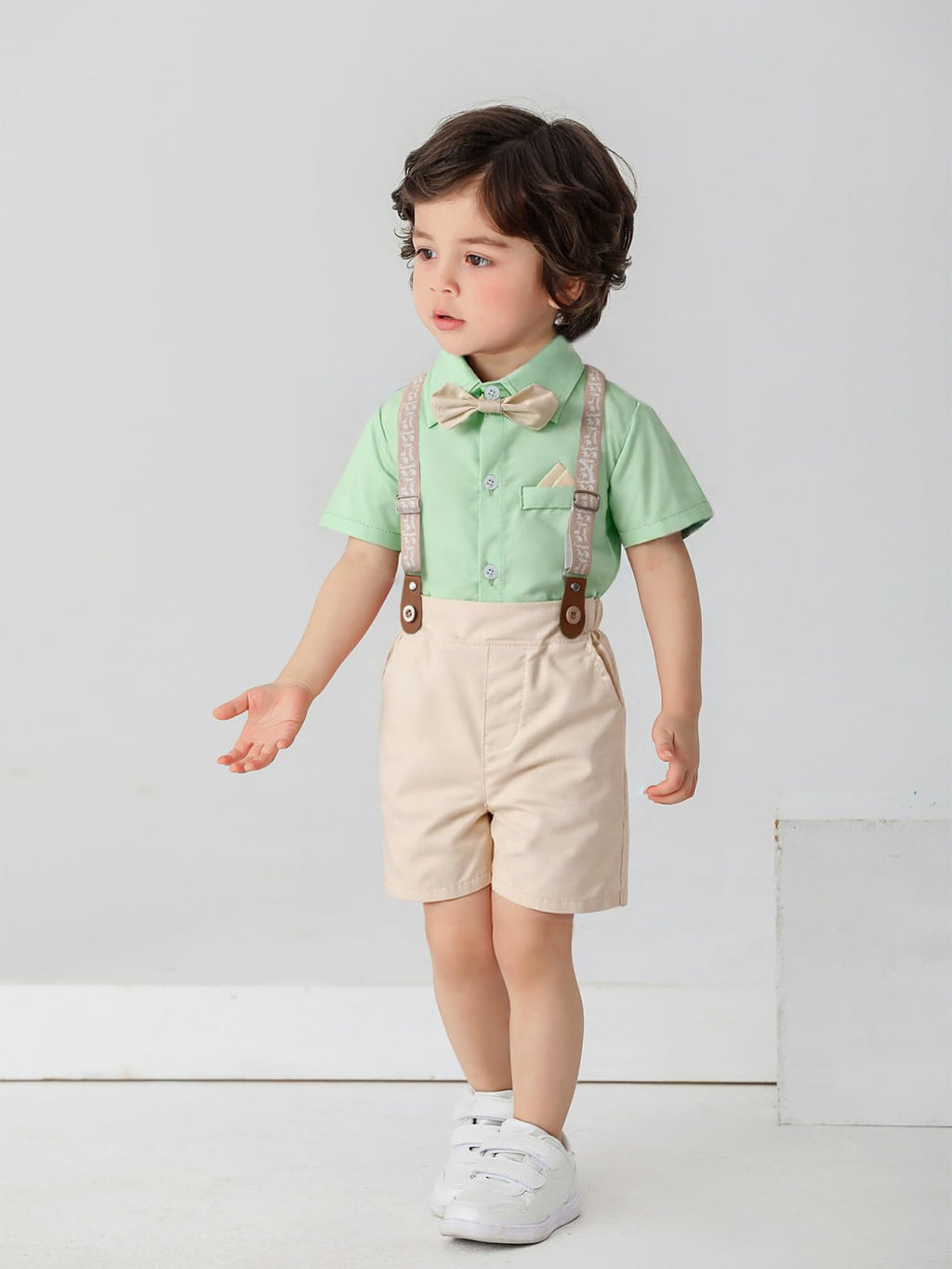 Boarnseorl Baby Boys Gentleman Outfits Suits, Infant Shirt+Shorts+Bow Tie+Suspenders