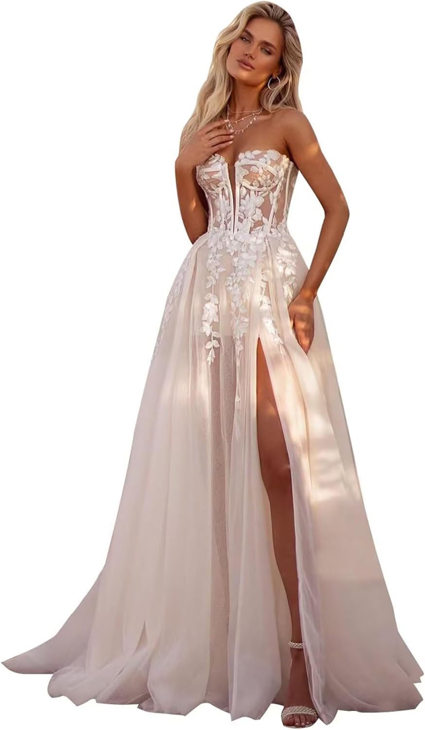 Lace Wedding Dresses for Bride Mermaid V Neck Boho Beach Bridal Gowns with Train BOF30
