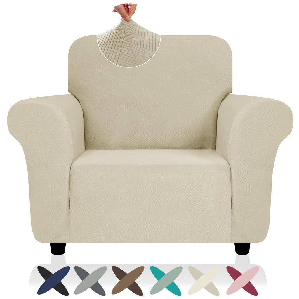 ZNSAYOTX Super Stretch Chair Slipcover (30"-47"), New Striped Sofa Chair Covers for Living Room, Dogs Pet Friendly Anti-Slip Chair Protector Spandex Armchair Slipcovers (Beige, Chair)