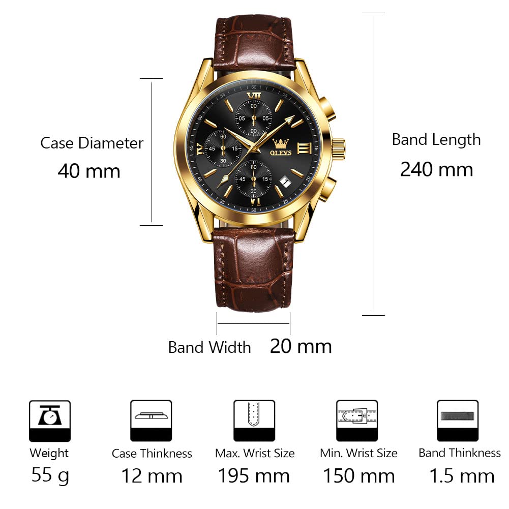 OLEVS Men's Casual Leather Watch, Big Face Chronograph Watch for Men, Fashion Easy to Read Dress Watch, Men's Waterproof Luminous Date Analog Watch, Gold/Black/White/Blue Dial