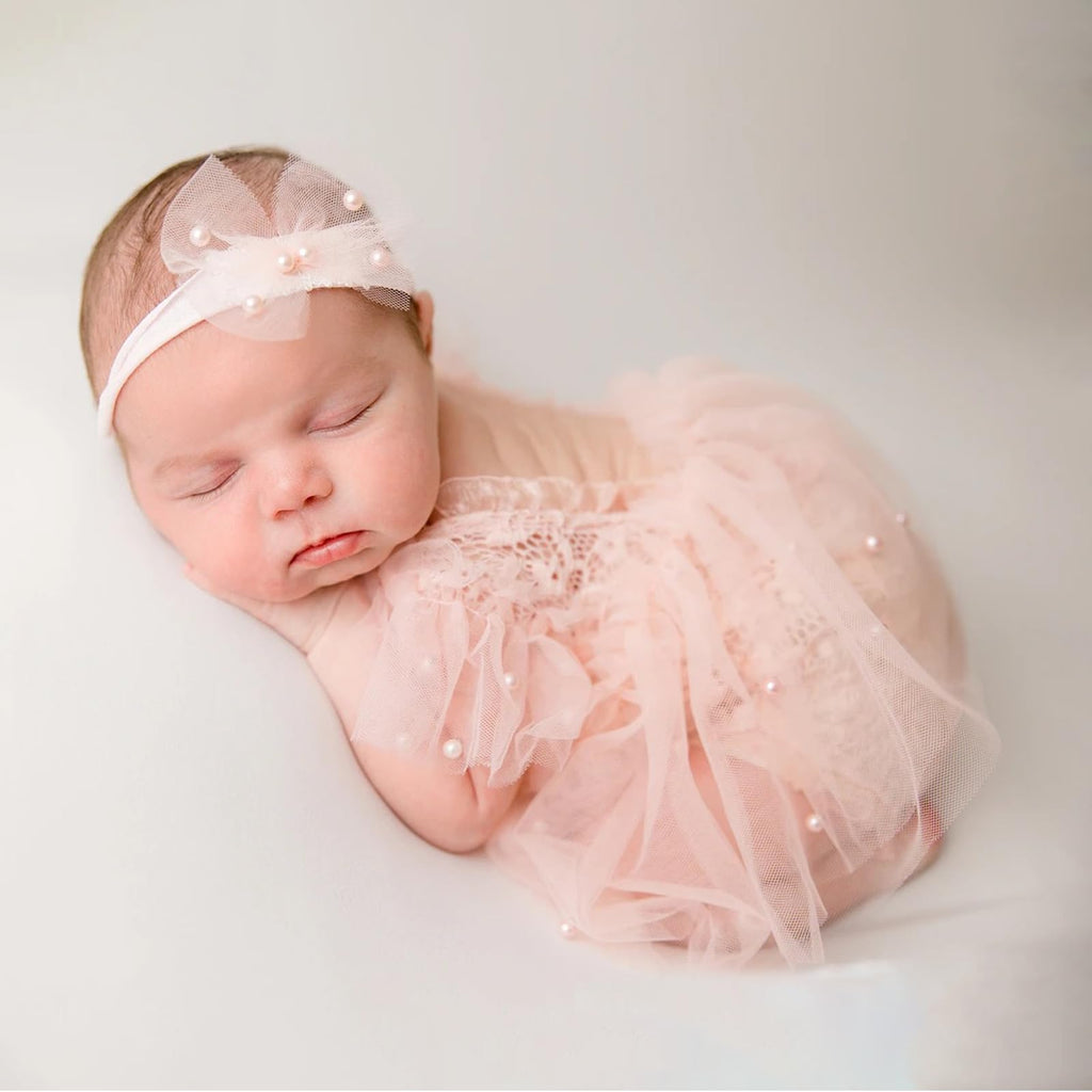 Newborn Lace Romper, 2 PCS Baby Girl Photography Props, Newborn Girl Photography Outfits with Flower Headband for Infants