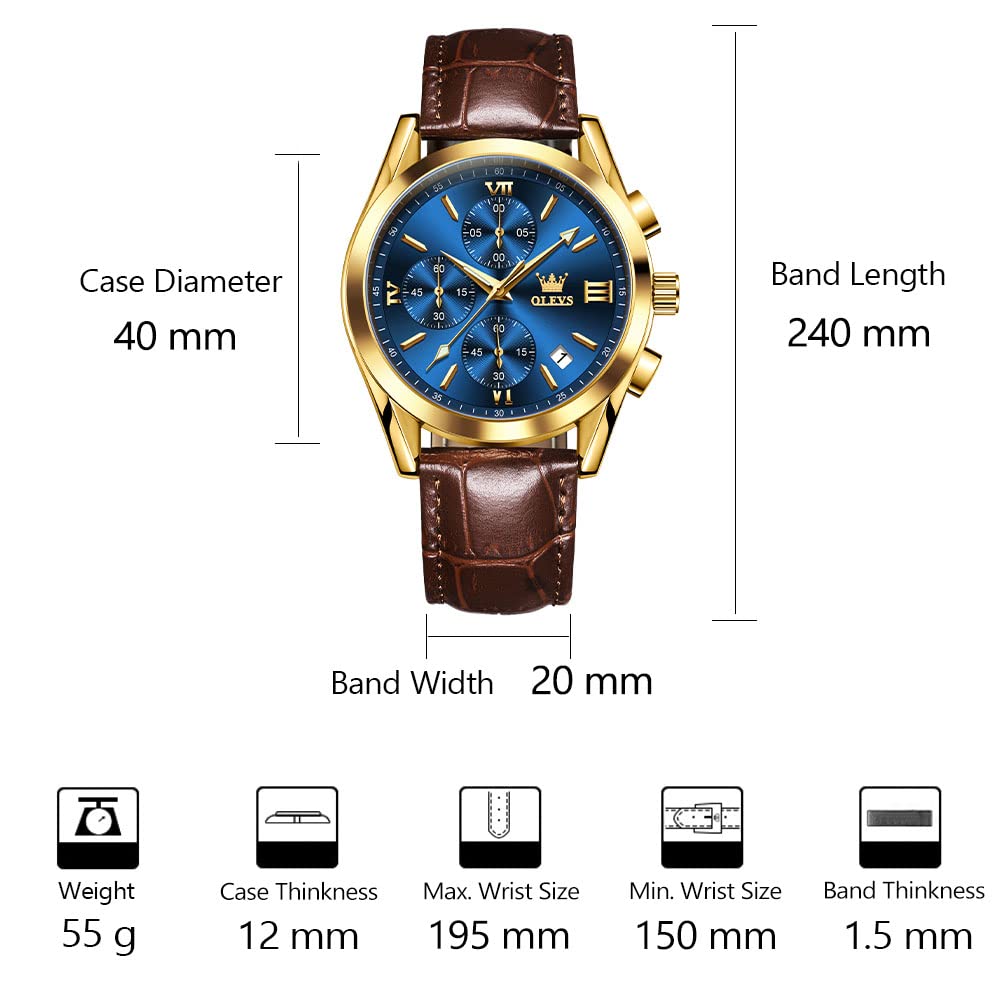 OLEVS Men's Casual Leather Watch, Big Face Chronograph Watch for Men, Fashion Easy to Read Dress Watch, Men's Waterproof Luminous Date Analog Watch, Gold/Black/White/Blue Dial