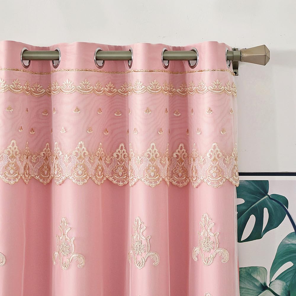 Amidoudou 1 Pair European Double Layer Curtains with Valances for Living Room Bedroom Luxury 3D Flower Embroidered Curtains (Yellow,52x96 Inch)
